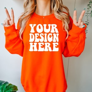 Gildan Orange 18000 Mockup | Gildan Sweater Mock up | Oversized Sweatshirt Model Mockup | Front Gildan Orange G180 Mockup | Cozy Boho Chic