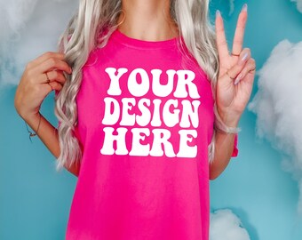 Comfort Colors C1717 Heliconia Shirt Mockup / Oversized T-shirt Mockup / Model Mock Up / Pink Comfort Color Shirt Mockup / Boho Summer Chic