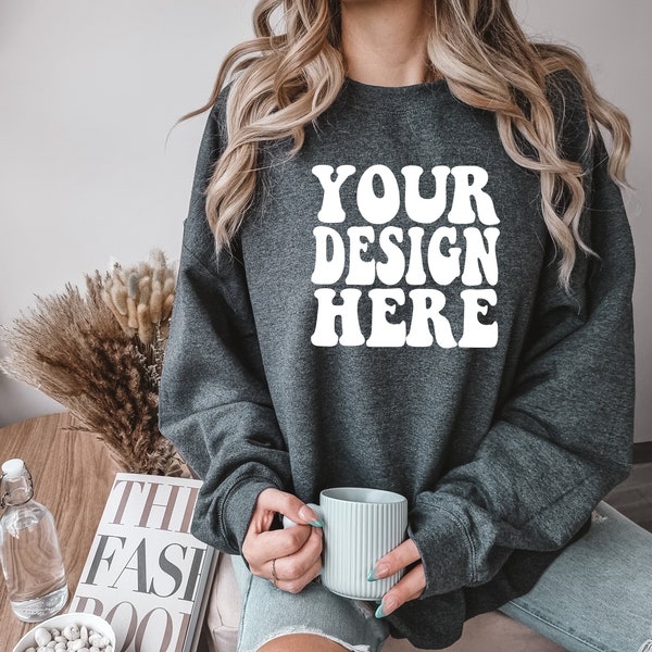 Gildan Dark Heather 18000 Mockup | Gildan Sweater Mock up | Oversized Sweatshirt Model Mockup | Grey Gildan G180 Mockup | Cozy Boho Chic