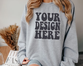 Gildan Sport Grey 18000 Mockup | Gildan Sweater Mock up | Oversized Sweatshirt Model Mockup | Front Gildan Gray G180 Mockup | Cozy Boho Chic