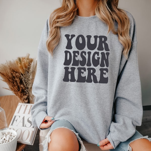 Gildan Sport Grey 18000 Mockup | Gildan Sweater Mock up | Oversized Sweatshirt Model Mockup | Front Gildan Gray G180 Mockup | Cozy Boho Chic