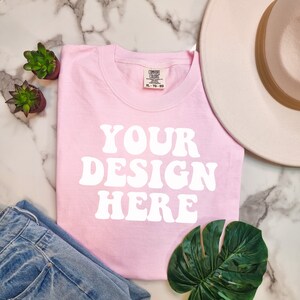 Comfort Colors C1717 Blossom Shirt Mockup | Blossom Tshirt | Flat Lay Mockup | 1717 Mock | Pink Comfort Color Shirt Mock | Boho Lifestyle