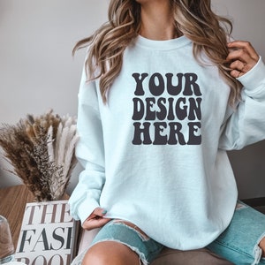 Gildan White 18000 Mockup | Gildan Sweater Mock up | Oversized Sweatshirt Model Mockup | Front Gildan White G180 Mockup | Cozy Boho Chic
