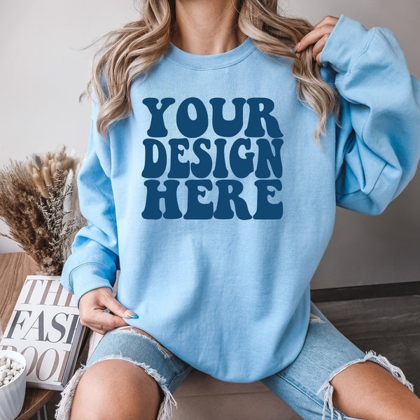 Gildan Light Blue 18000 Mockup | Gildan Sweater Mock up | Oversized Sweatshirt Model Mockup | Gildan Light Blue G180 Mockup | Cozy Boho Chic