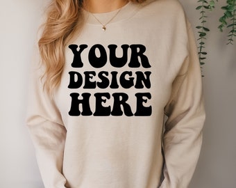 Gildan 18000 Mockup | Gildan Sand Sweater Mock up | Sweatshirt Model Mockup | Sand 18000 | Front Gildan Sand G180 Mockup | Cozy Boho Chic
