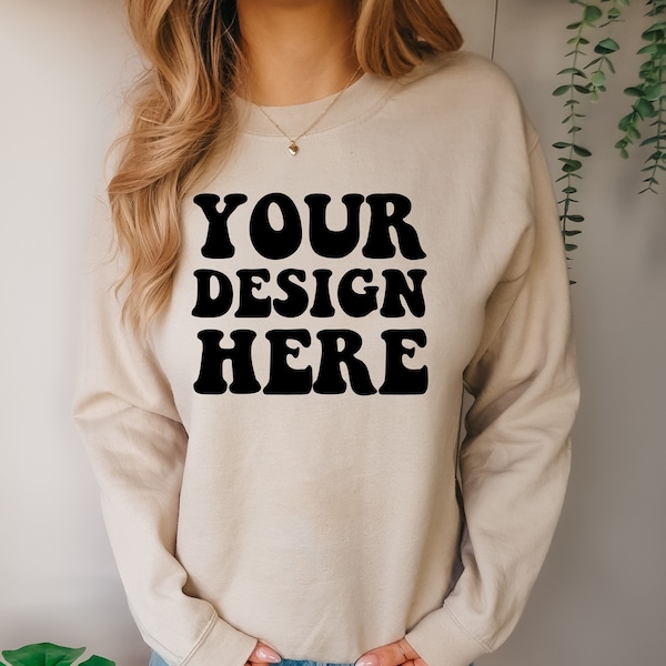 Gildan 18000 Mockup | Gildan Sand Sweater Mock up | Sweatshirt Model Mockup | Sand 18000 | Front Gildan Sand G180 Mockup | Cozy Boho Chic