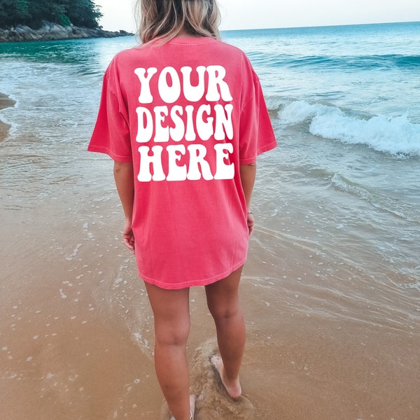 Comfort Colors C1717 Watermelon Shirt Mockup | Watermelon Tshirt | Oversized Back Mockup | Pink Comfort Color Shirt Mockup | Summer Beach