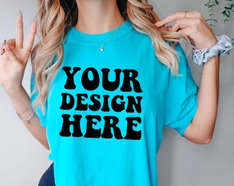 Comfort Colors C1717 Lagoon Blue Shirt Mockup | Blue Tshirt | Oversized Mockup | Model Mock Up | Comfort Color Shirt Mock Aesthetic Studio