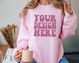 Gildan Light Pink 18000 Mockup | Gildan Sweater Mock up | Oversized Sweatshirt Model Mockup | Gildan Light Pink G180 Mockup | Cozy Boho Chic