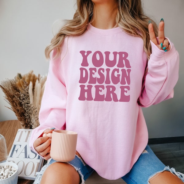 Gildan Light Pink 18000 Mockup | Gildan Sweater Mock up | Oversized Sweatshirt Model Mockup | Gildan Light Pink G180 Mockup | Cozy Boho Chic