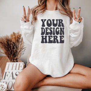 Gildan White 18000 Mockup | Gildan Sweater Mock up | Oversized Sweatshirt Model Mockup | Front Gildan White G180 Mockup | Cozy Boho Chic