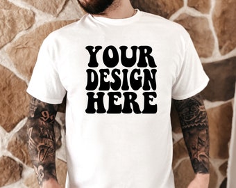 Gildan 64000 Shirt Mockup | White Tshirt Male Mockup | Mens G64000 Mockups | Male Model Gildan White Tee Mock Up | Outdoor Mens Mockup