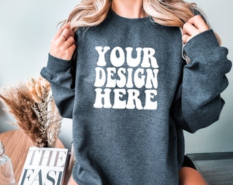 Gildan Dark Heather 18000 Mockup | Gildan Sweater Mock up | Oversized Sweatshirt Model Mockup | Grey Gildan G180 Mockup | Cozy Boho Chic