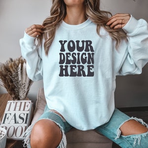 Gildan White 18000 Mockup | Gildan Sweater Mock up | Oversized Sweatshirt Model Mockup | Front Gildan White G180 Mockup | Cozy Boho Chic