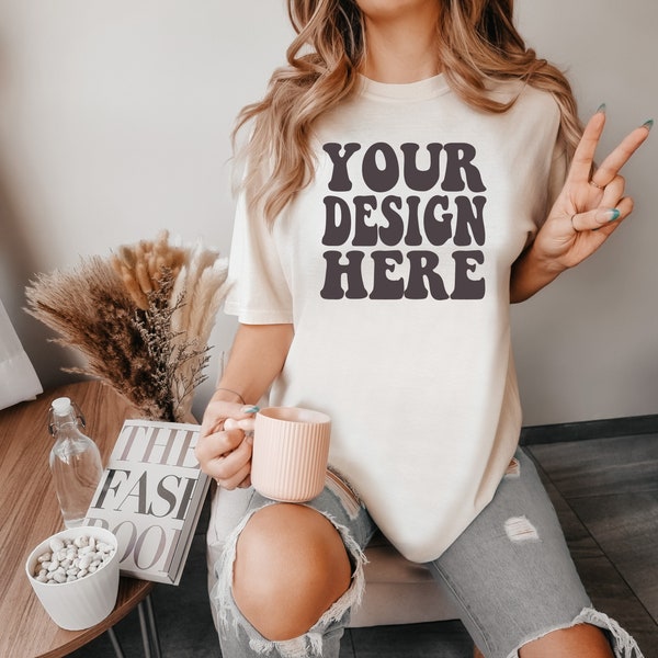 Comfort Colors C1717 Ivory Shirt Mockup | CC Ivory Tshirt | Oversized Mockup | Model Mock Up | Comfort Color Shirt Mockup | Boho Aesthetic