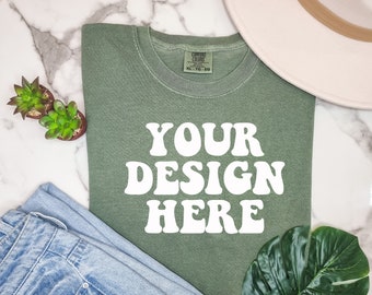 Comfort Colors C1717 Sage Shirt Mockup | Sage Tshirt | Flat Lay Mockup | 1717 Mock Up | Sage Comfort Color Shirt Mock | Boho Lifestyle