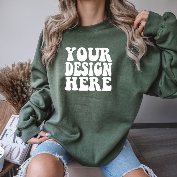 Gildan Military Green 18000 Mockup | Gildan Sweater Mock up | Oversized Sweatshirt Model Mockup | Front Gildan G180 Mockup | Cozy Boho Chic