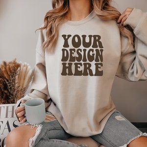 Gildan Sand 18000 Mockup | Gildan Sand Sweater Mock up | Oversized Sweatshirt Model Mockup | Front Gildan Sand G180 Mockup | Cozy Boho Chic