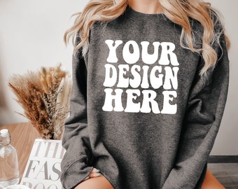 Gildan Dark Heather 18000 Mockup | Gildan Sweater Mock up | Oversized Sweatshirt Model Mockup | Grey Gildan G180 Mockup | Cozy Boho Chic