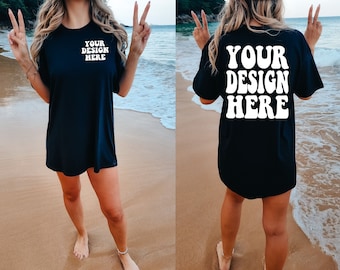 Comfort Colors C1717 Black Shirt Mockup | Black Tshirt | Oversized Backside Mockup | Model Mock Up | Front and Back Mockup | Summer Beach