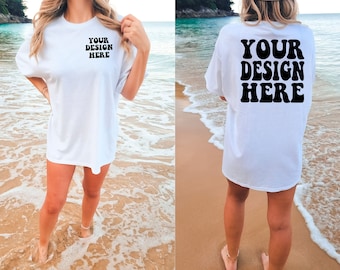 Comfort Colors C1717 White Shirt Mockup | White Tshirt | Oversized Backside Mockup | Model Mock Up | Front and Back Mockup | Summer Beach