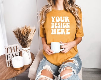 Bella Canvas 3001 Mustard Mockup | Bella Canvas Shirt Mockup | B & C Gildan Tshirt Model Mockup | 3001 Oversized Mockup | Trendy Boho Mocks