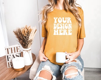 Bella Canvas 3001 Mustard Mockup | Bella Canvas Shirt Mockup | B & C Gildan Tshirt Model Mockup | 3001 Oversized Mockup | Trendy Boho Mocks