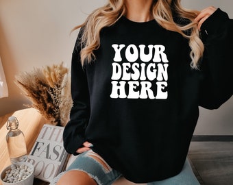 Gildan Black 18000 Mockup | Gildan Sweater Mock up | Oversized Sweatshirt Model Mockup | Front Gildan Black G180 Mockup | Cozy Boho Chic