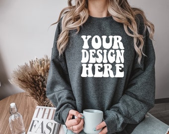 Gildan Dark Heather 18000 Mockup | Gildan Sweater Mock up | Oversized Sweatshirt Model Mockup | Grey Gildan G180 Mockup | Cozy Boho Chic