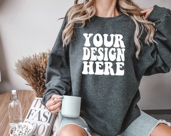 Gildan Dark Heather 18000 Mockup | Gildan Sweater Mock up | Oversized Sweatshirt Model Mockup | Grey Gildan G180 Mockup | Cozy Boho Chic