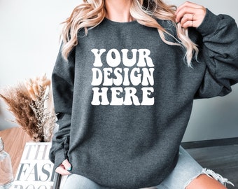 Gildan Dark Heather 18000 Mockup | Gildan Sweater Mock up | Oversized Sweatshirt Model Mockup | Grey Gildan G180 Mockup | Cozy Boho Chic