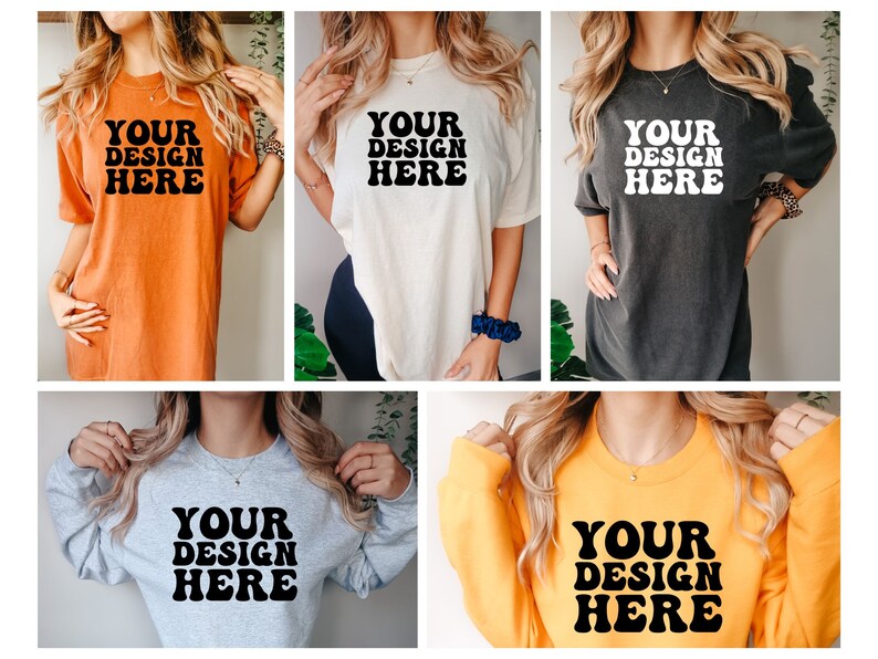 May include: Five different t-shirts and sweatshirts with the text "YOUR DESIGN HERE" in a retro font. The shirts are in various colors, including orange, white, gray, black, and yellow.