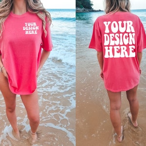 Comfort Colors C1717 Watermelon Shirt Mockup | Pink Tshirt Oversized Backside Mockup | Model Mock Up | Front and Back Mockup | Summer Beach