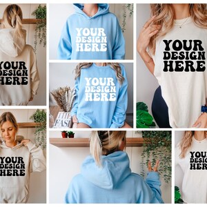 May include: A collage of six images showcasing different styles of hoodies and t-shirts with the text "YOUR DESIGN HERE" printed on them. The images feature various models wearing the apparel in different poses and settings.