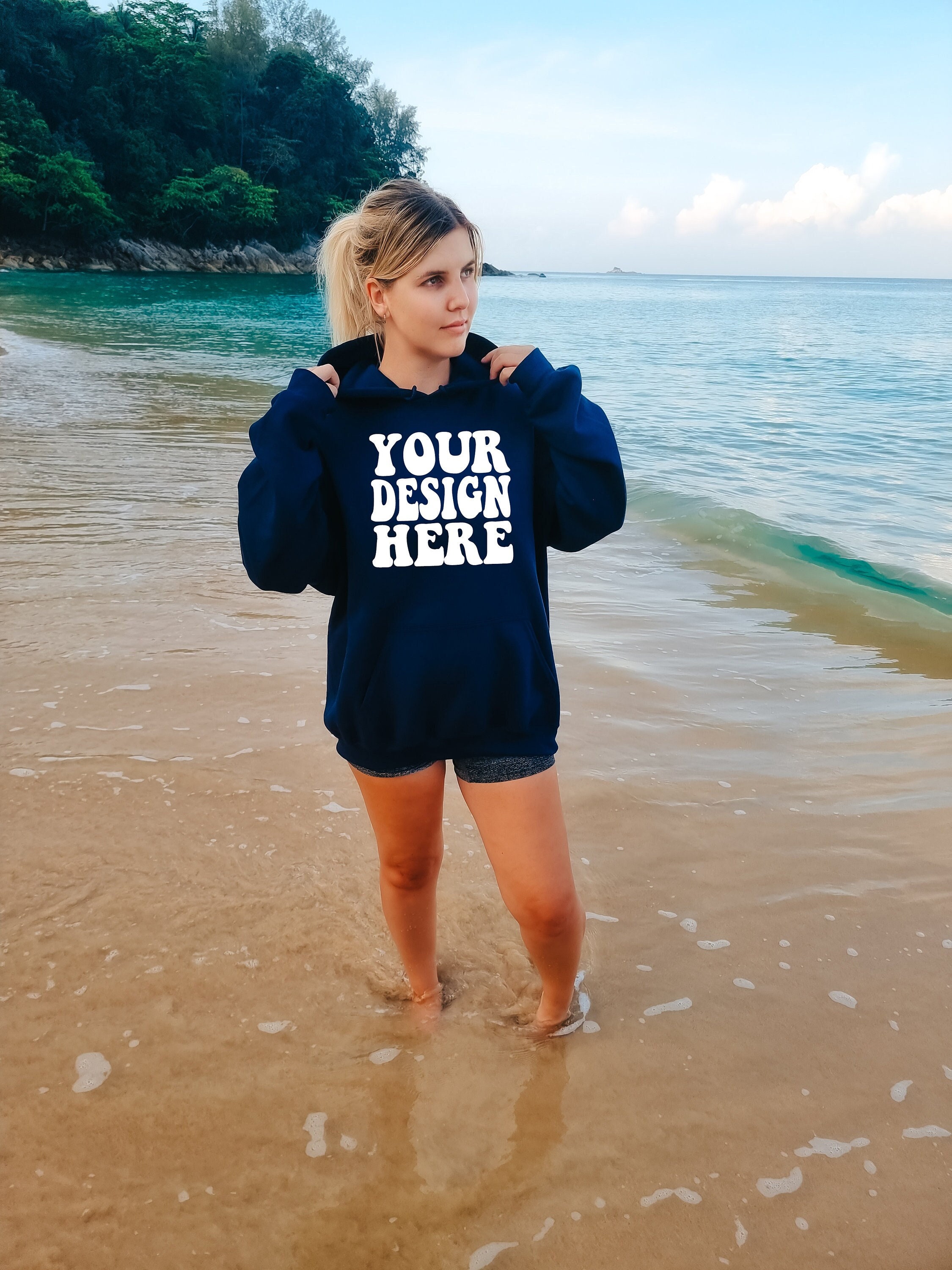 Gildan Navy 18500 Front Mockup | Oversized Gildan Hoodie Beach Mock up | Blue Hoodie G185 Model Mockup | Gildan 18500 Mockup | Summer Beach