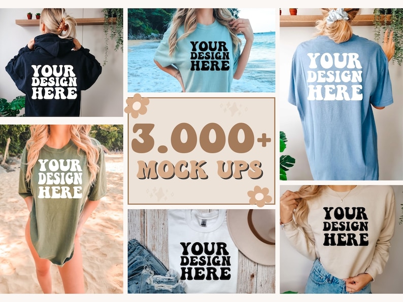 May include: A collection of 3,000+ mockups featuring various t-shirts, sweatshirts, and hoodies with the text "Your Design Here" printed on them. The mockups showcase different styles and colors of apparel, providing a visual representation of how designs would look on different garments.