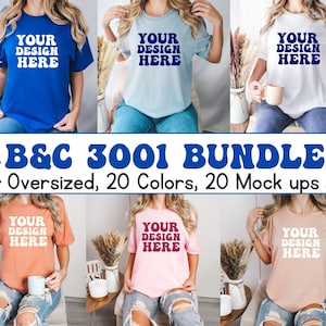 May include: A bundle of 20 mockups featuring a variety of colors of the B&C 3001 oversized t-shirt. The t-shirt is shown on a model wearing jeans. The text "YOUR DESIGN HERE" is printed on the front of the t-shirt.