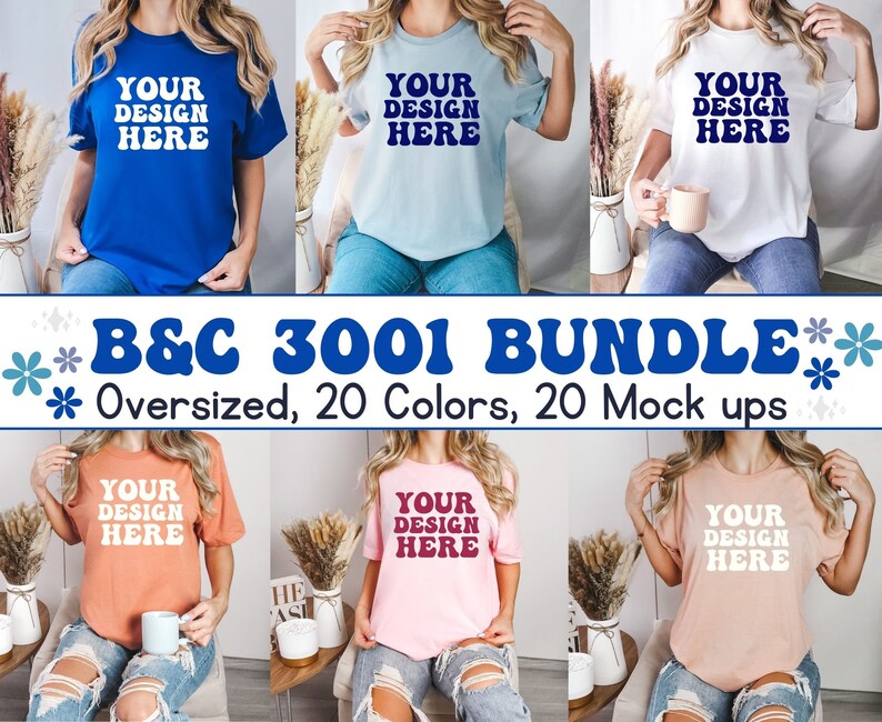 May include: A bundle of 20 mockups featuring a variety of colors of the B&C 3001 oversized t-shirt. The t-shirt is shown on a model wearing jeans. The text "YOUR DESIGN HERE" is printed on the front of the t-shirt.