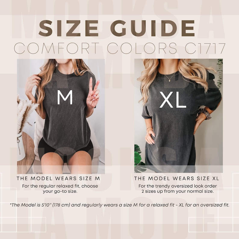 Puede incluir: Gu&iacute;a de tallas para camisetas Comfort Colors. La modelo lleva una talla M para un ajuste relajado y una talla XL para un ajuste holgado. La modelo mide 1,78 m.