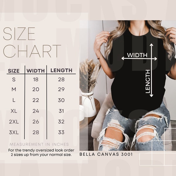 Bella Canvas Shirt Size Chart | Unisex Tshirt Size Chart | Model Mockup Sizing | B & C 3001 Black Tshirt Measurements | BC Size Chart USA