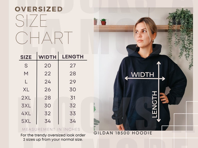 K&ouml;nnte beinhalten: Gr&ouml;&szlig;entabelle f&uuml;r ein Oversize-Hoodie, die die Ma&szlig;e in Zoll f&uuml;r Breite und L&auml;nge angibt. Die Tabelle umfasst die Gr&ouml;&szlig;en von S bis 5XL. Der Text "GILDAN 18500 HOODIE" ist ebenfalls sichtbar.