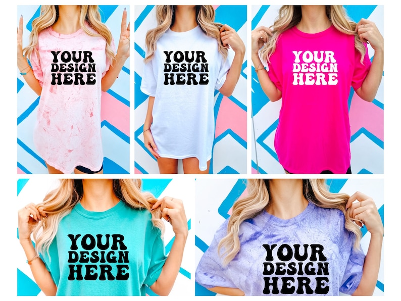 May include: Five different t-shirts with the text "YOUR DESIGN HERE" printed in black on the front. The shirts are in various colors, including pink, white, turquoise, and purple.