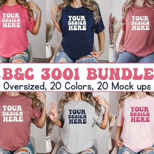 May include: A bundle of 20 mockups featuring a B&C 3001 oversized t-shirt in various colors. The t-shirt has a crew neck and short sleeves. The text "YOUR DESIGN HERE" is printed on the front of the t-shirt.