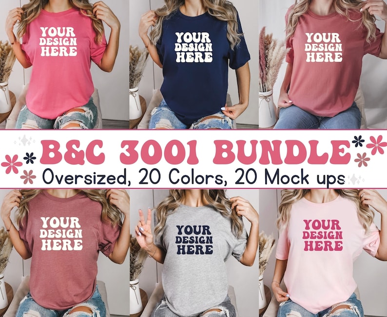 May include: A bundle of 20 mockups featuring a B&C 3001 oversized t-shirt in various colors. The t-shirt has a crew neck and short sleeves. The text "YOUR DESIGN HERE" is printed on the front of the t-shirt.