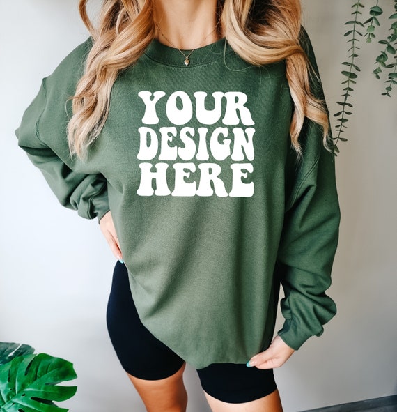 Gildan Military Green 18000 Mockup | Gildan Sweater Mock up | Oversized Sweatshirt Model Mockup | Front Gildan G180 Mockup | Cozy Boho Chic