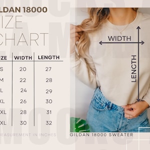 Puede incluir: Tabla de tallas para el suéter Gildan 18000, que muestra las medidas en pulgadas para el ancho y la longitud, para las tallas S, M, L, XL, 2XL y 3XL.