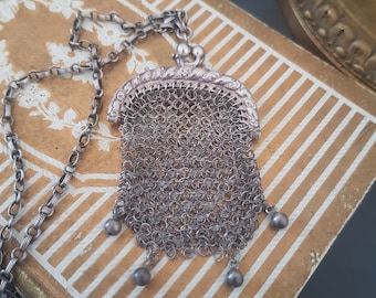 Antique Fench Sterling Silver Coin Purse Mesh 19th Century Chatelaine Purse