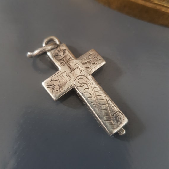 Antique Cross Reliquary Pendant Sterling Silver 1… - image 4