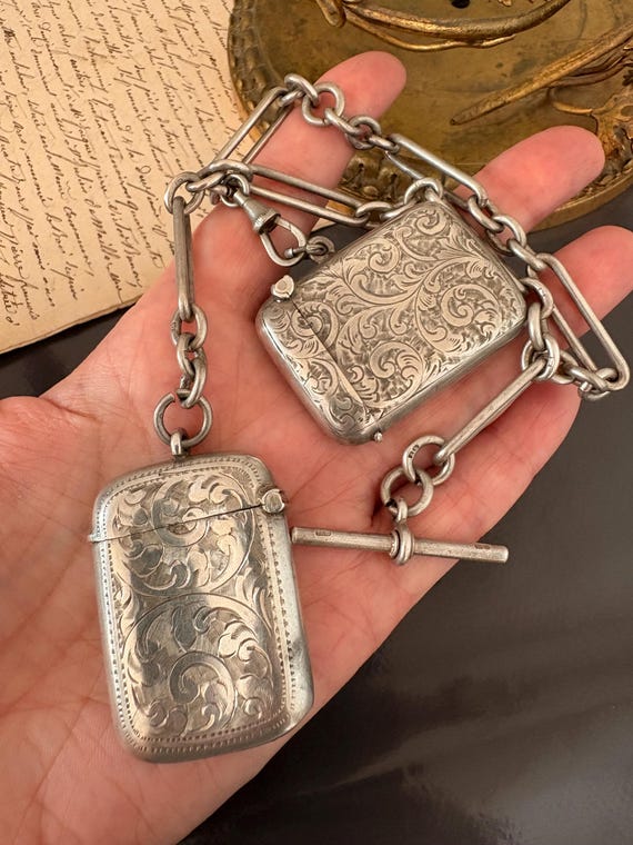 Antique Edwardian Silver Albert Watch Chain With Two Vesta Case