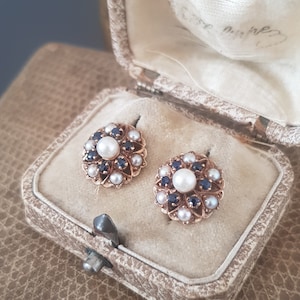 Vintage 9 K Rose Gold Pearl Sapphire Cluster Stud Earrings 1960s